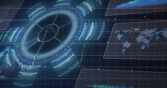 Animation of interface with round scanner and financial data processing against blue background