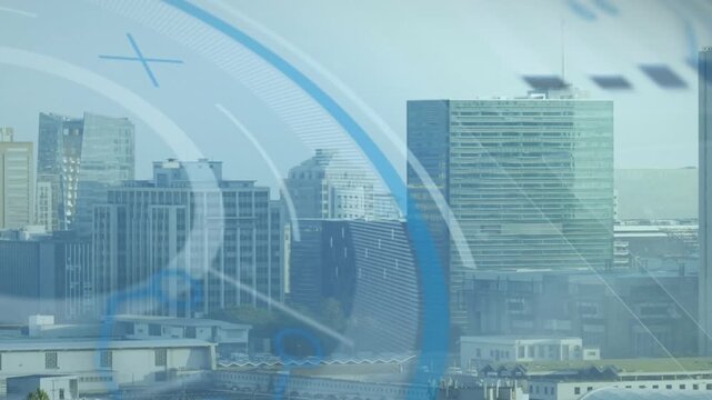 Animation of interface with round scanner and data processing against aerial view of tall buildings