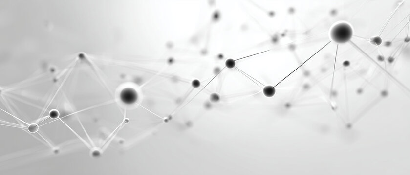 abstract molecular background with minimal nodes and lines, white 3d plexus connection network with depth of field, futuristic scientific structure of atoms and chemical bonds