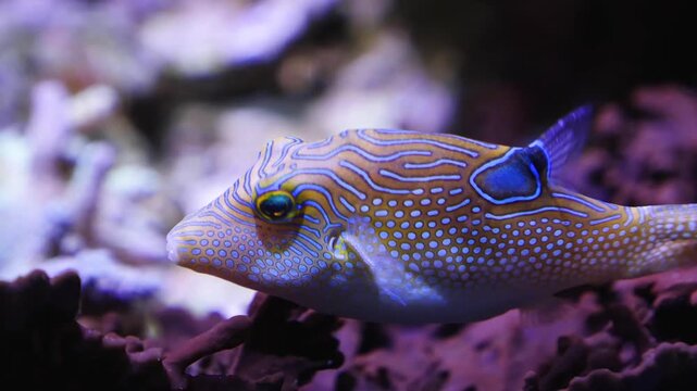 Close up of Suitcase-fish also trunkfish swimming around slowly beside a coral reef underwater.