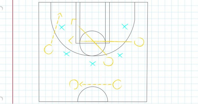 A basketball field with a strategy game plan tactic on black background