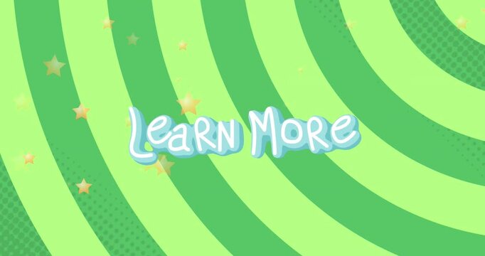 Animation of learn more text banner and golden stars icons against green radial background