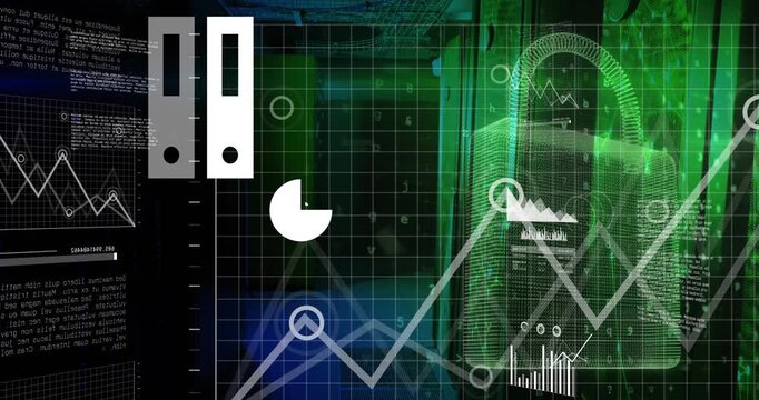 Animation of security padlock icon and data processing against computer server room