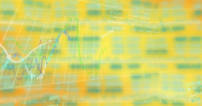 Animation of statistical, financial and stock market data processing on yellow gradient background