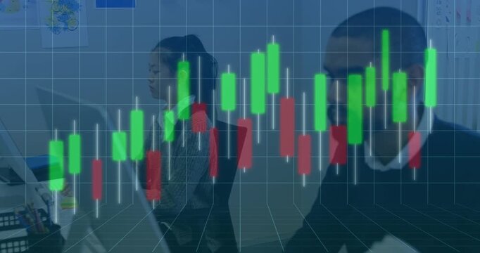 Animation of graphs over grid pattern against diverse coworkers working on desktop at office