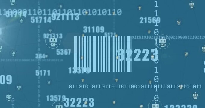 Animation of changing numbers over icons and qr code against binary codes on blue background