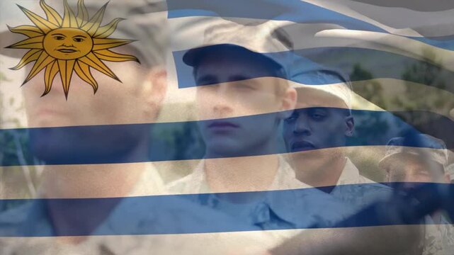 Animation of flag of uruguay over caucasian male soldier with flag of honduras