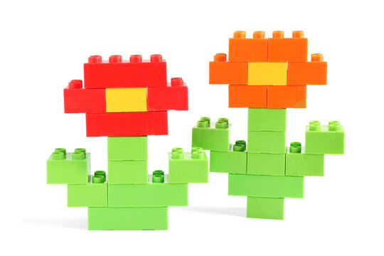 Flowers made of plastic building blocks on white background