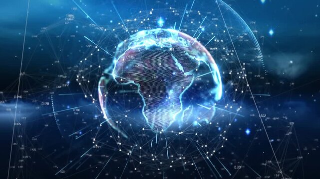 Animation of light trails over spinning globe against blue background
