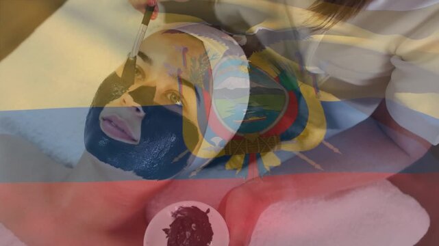 Animation of flag of equador over strong waving over woman wearing santa circles