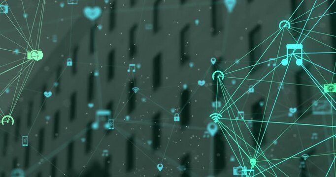 Animation of globes of digital icons spinning against aerial view of tall building