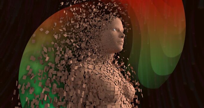 Animation of female representation made of brown blocks exploding over dynamic pattern