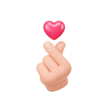 3D Korean Finger Heart Icon Hand Gesture with Pink Heart for UI Design