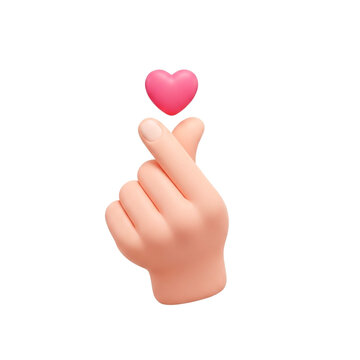 3D Korean Finger Heart Icon Hand Gesture with Pink Heart for UI Design