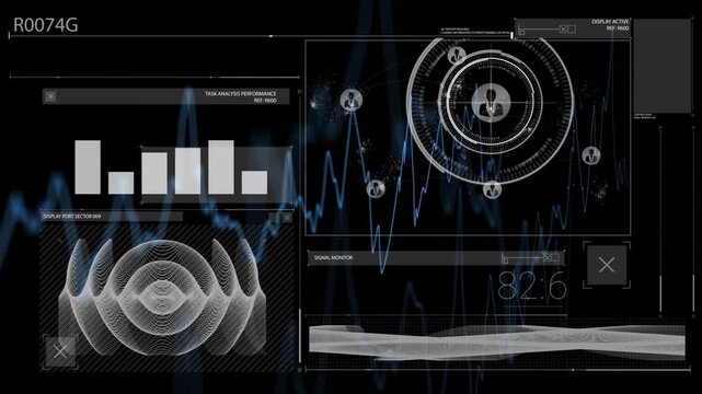 Animation of futuristic data interface with graphs and circular diagrams