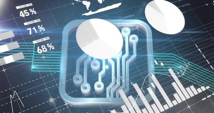 Designing circuit board with pie chart and data graphs in animation interface