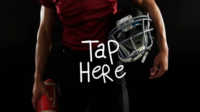 Holding helmet and ball, football player with Tap Here animation overlay