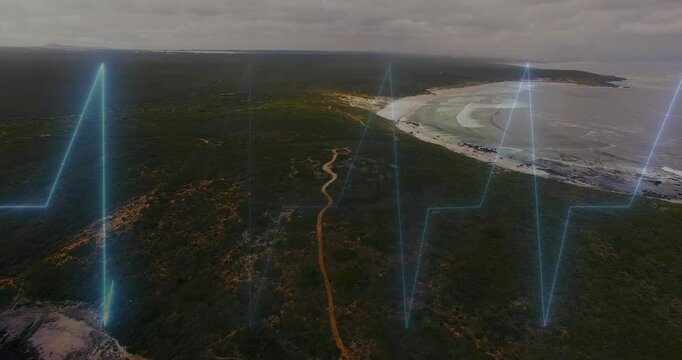 Aerial view being rendered with winding dirt path across coastal scrubland and neon ECG waveform