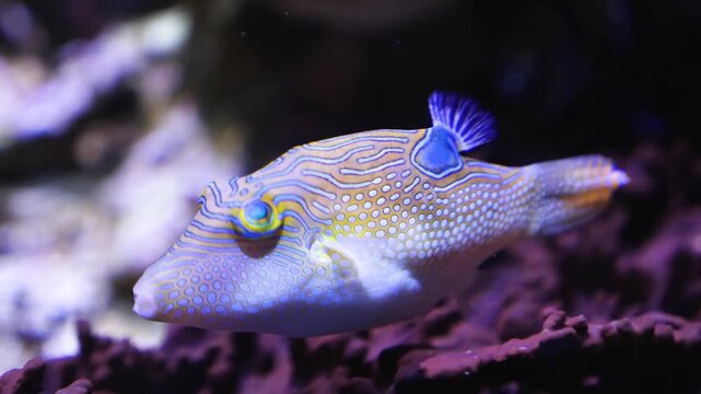 Close up of Suitcase-fish also trunkfish swimming around slowly beside a coral reef underwater.