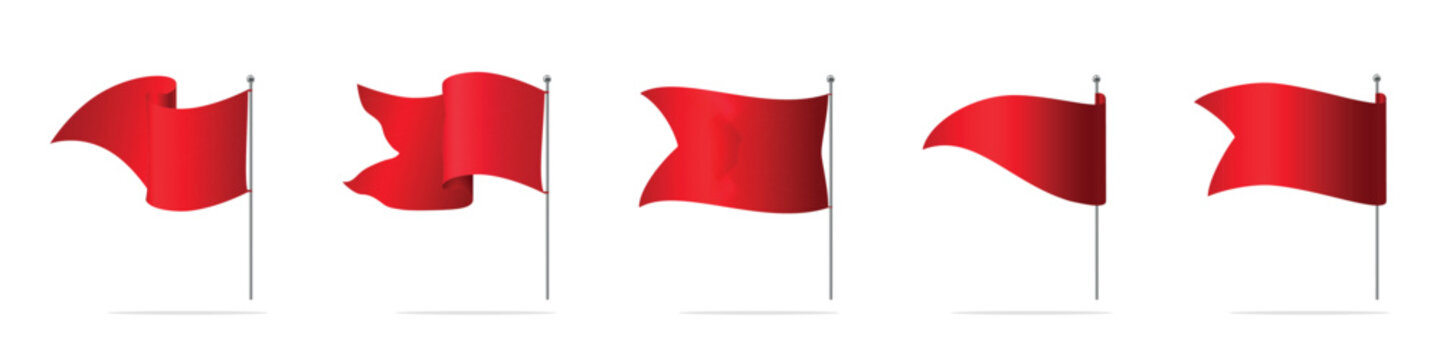 Collection of Waving Red Flags on Poles Vector Set