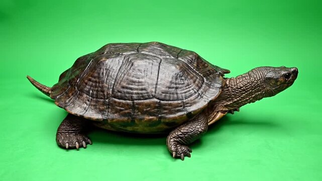 A snapping turtle on a green background, showcasing its dark brown shell and distinctive facial features in a studio setting.