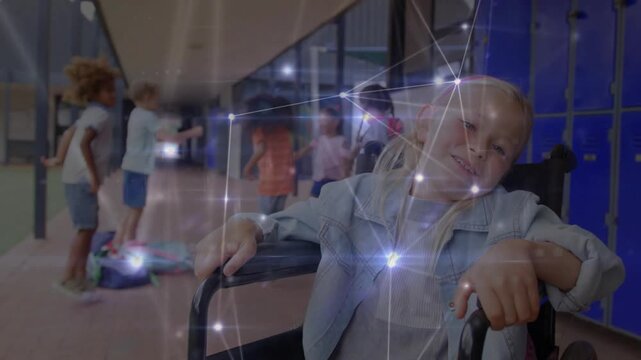Girl in wheelchair teasing viewer while children sorting bags causing glowing network for education