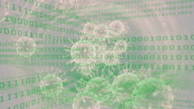 Binary stream appearing, virus cluster drifting and rotating, illustrating data infiltration