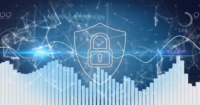 Sequence starting shield sending nodes bars pulsing waveform sweeping showing network security