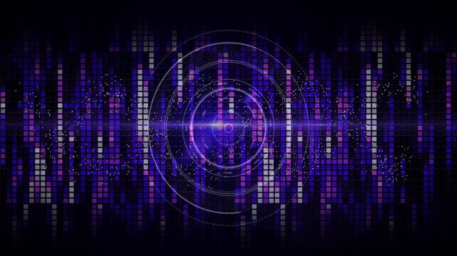 Central HUD reacting to flare, forming rotating rings, pulsing particles visualizing audio