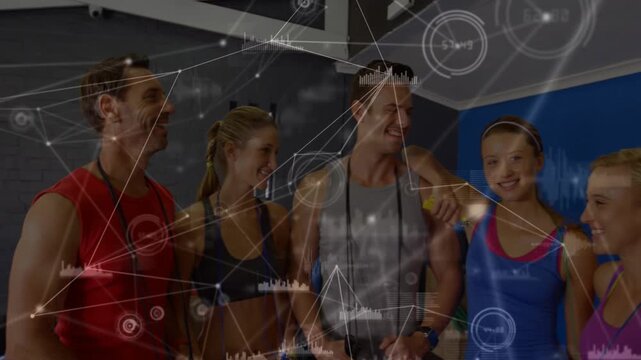 Fitness group posing, women entering causing data overlay over group showing jump ropes for camera