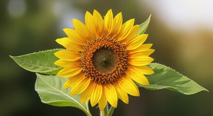Obraz premium Vibrant sunflower with bright yellow petals and green leaves in natural outdoor setting