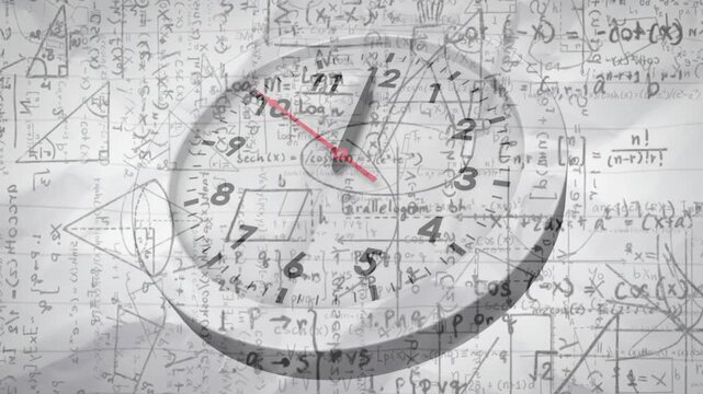 Round clock rotating, red hands sweeping toward 12 after crease crossing, showing math study time