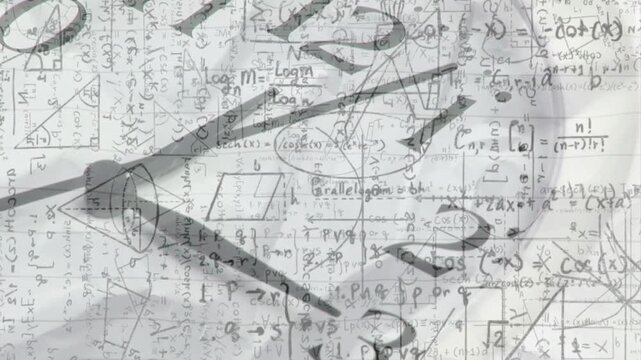 Sequence starting, clock hands rotating clockwise over math notes, visualizing passing time