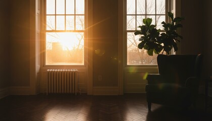 Fototapeta premium Sunlight streaming through a room with a potted plant and radiator in the background