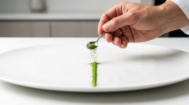 Close-up of a Chef's Hand Plating Green Matcha Powder on a White Plate for Fine Dining