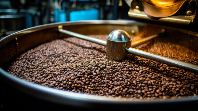 Coffee beans roast in a large drum at a roasting facility in the morning while workers prepare for the day's production