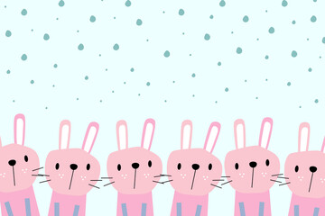 Obraz premium Pink hares in row, falling snow. Winter season. Cute and cozy background. Cartoon vector design.