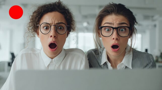 Two women with shocked expressions stare at a laptop screen, one with a red recording light.