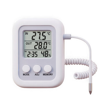 A white digital thermometer with a cord and probe