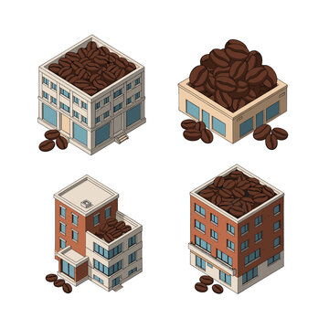 Isometric Buildings Filled With Coffee Beans.