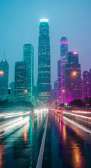 Obraz premium Cityscape with glowing skyscrapers and car trails on a wet street, showing urban scene, representing modern life and technological advancement