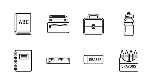 School supplies icons set with book, pens, bag, bottle, notebook, ruler, eraser, crayons outline design