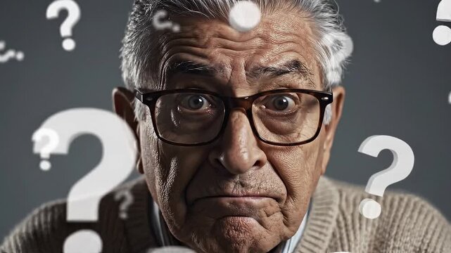 A puzzled elderly man surrounded by question marks in a thought-provoking video.