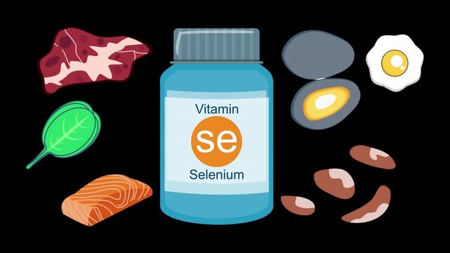 Selenium supplement bottle with vegetables and nuts animation on transparent background