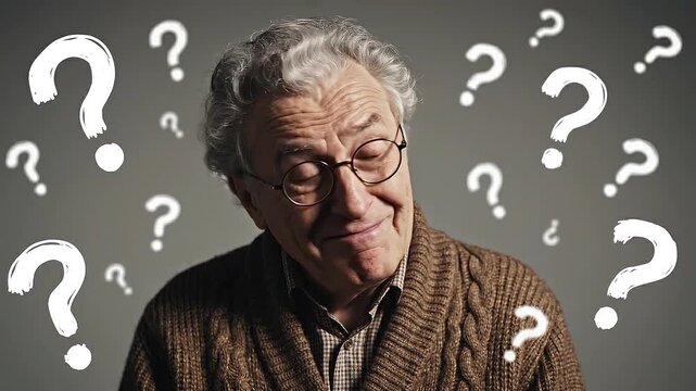 An elderly man with a puzzled expression surrounded by question marks in a video