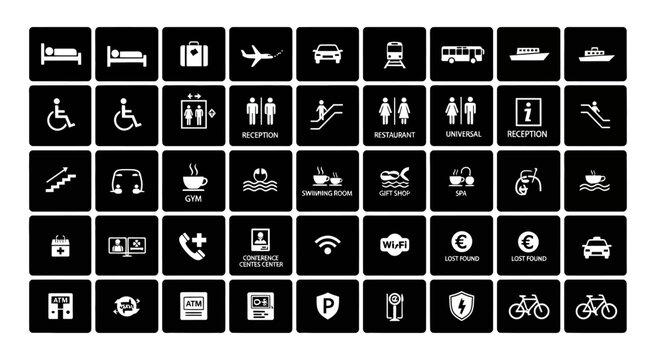 Hotel Icons: A collection of concise icons offers an intuitive guide to a variety of hotel services and amenities, from essentials to luxuries.