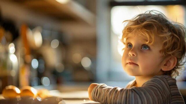 A little curly-haired boy with blue eyes looks up, bathed in soft sunlight streaming through the window &ndash; a touching backdrop for articles on child development or family values

