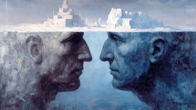Contrasting faces of man in water.