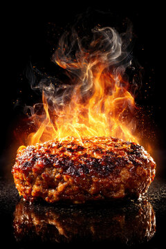 Grilled Beef Burger Patty with Flames &ndash; Generative AI