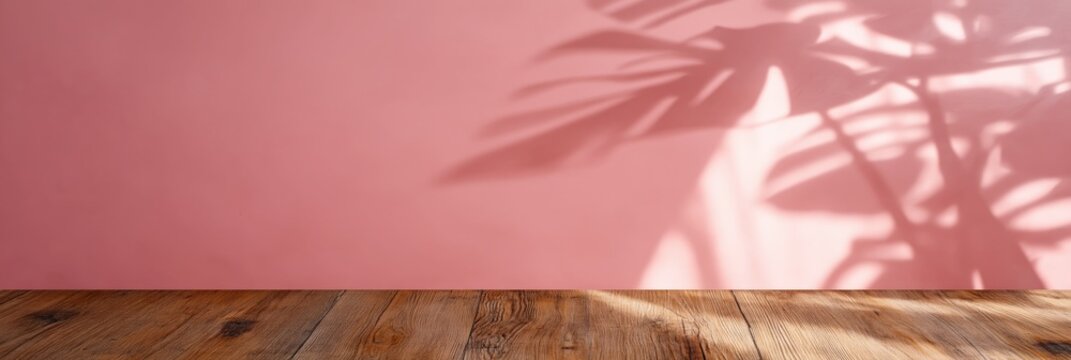Wooden floor showing plant shadow on pink interior wall